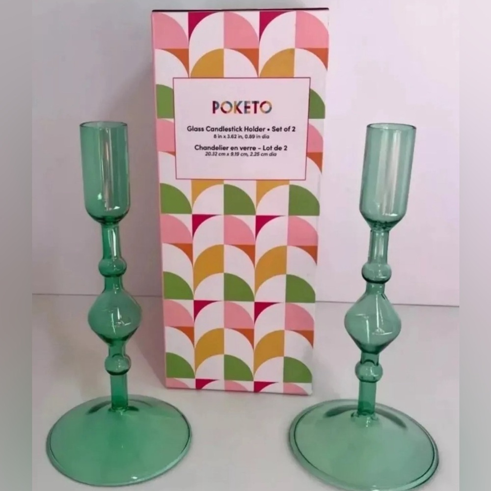 Holiday table must have! Two beautiful Poketo green glass candle holders.